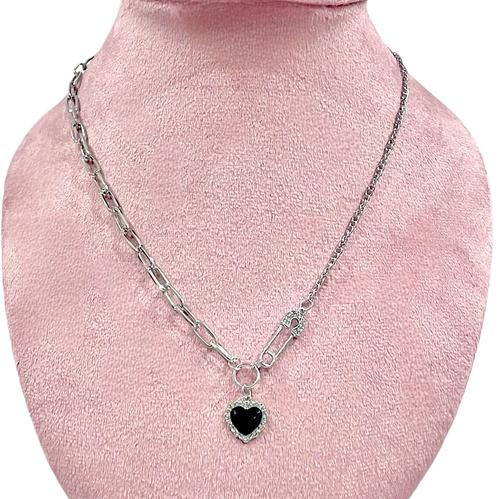 Safety Pin & Heart Split Oval Link & Chain Necklace Gold Plated Titanium Steel